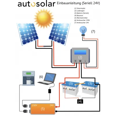 Deutsche Installations-Bedienungsanleitung 2 Solarmodule 24V seriell