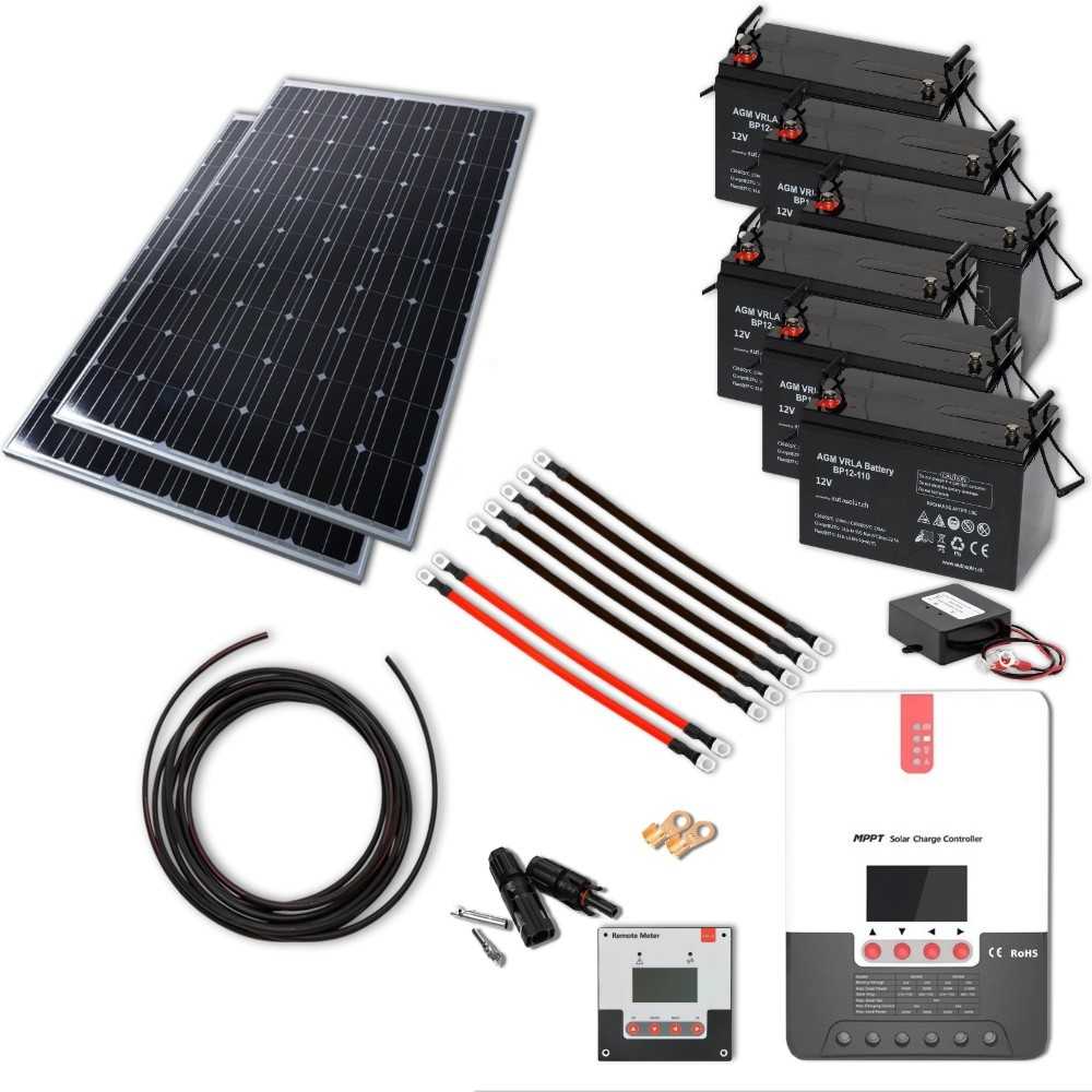 Solaranlage 800W 24V mit 60A MPPT Laderegler und 6x 110Ah AGM-Batterien