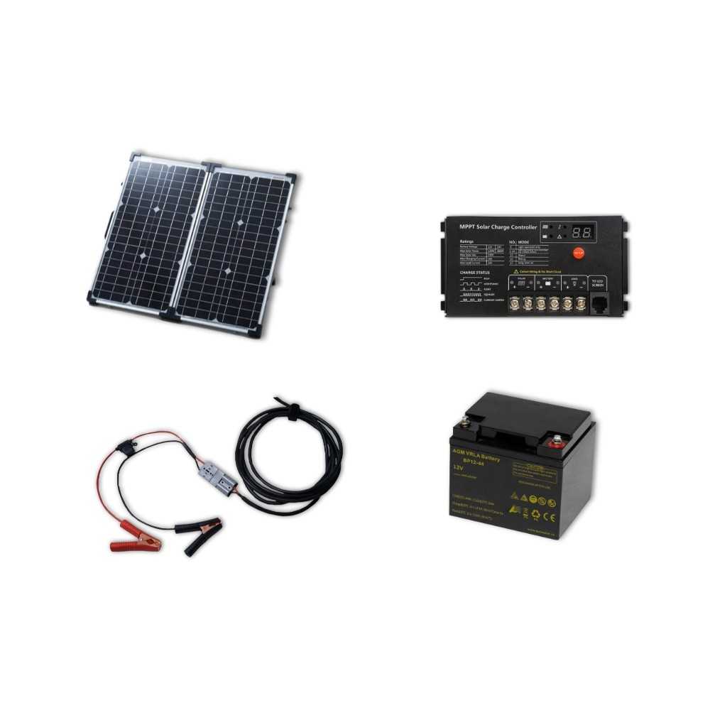 Kit solaire comprenant un boîtier solaire de 60 W, un régulateur de charge MPPT de 10 A et une batterie AGM de 44 Ah.