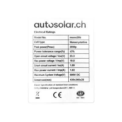 Panneau solaire AutoSolar 20 watts - Noir