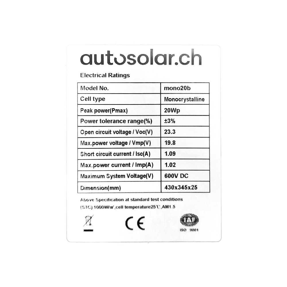 AutoSolar 20 Watt Solarpanel - Black
