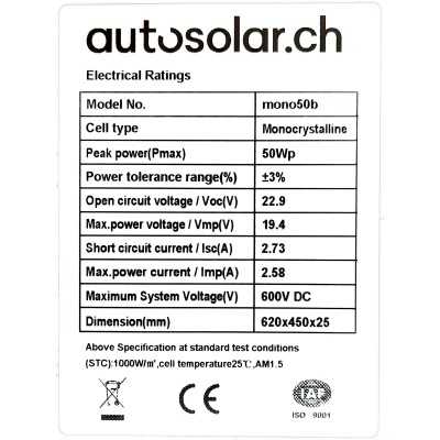 AutoSolar 50 Watt Solarpanel - Black