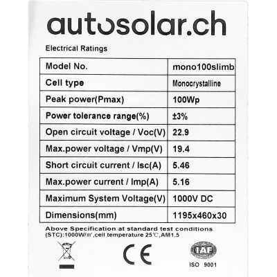 AutoSolar 100 Watt Solarpanel Slim - Black