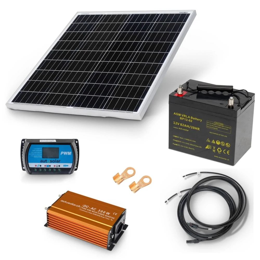 Solaranlage 100W Solaranlage, 82Ah AGM-Batterie & 300W-Wechselrichter