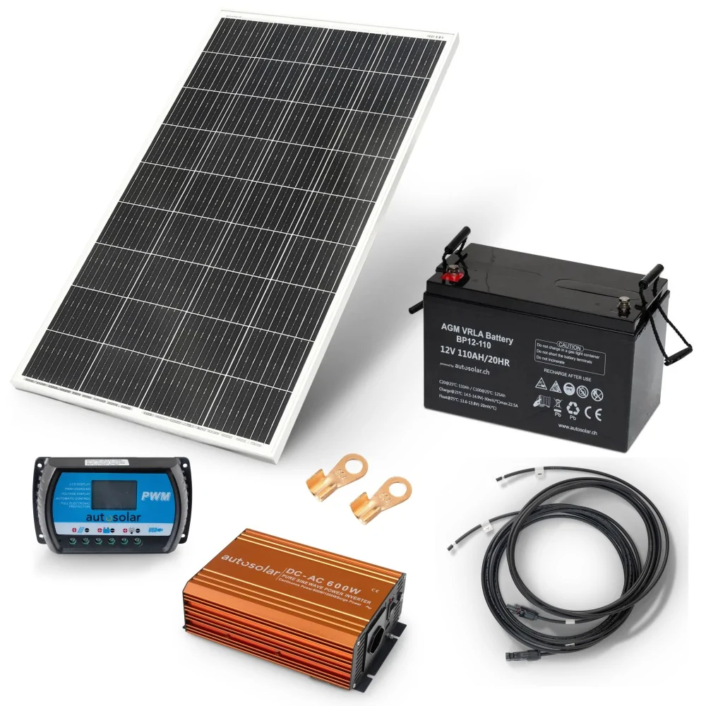 Solaranlage 160W mit Batterie 110Ah und 600W-Wechselrichter