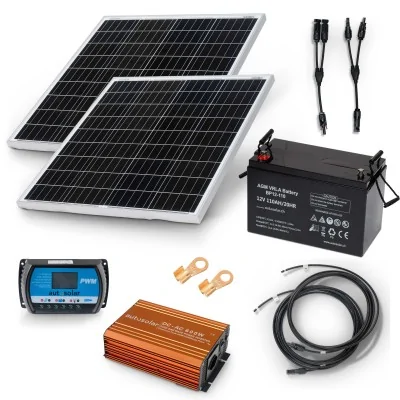 Solaranlage 200W mit 110Ah AGM-Batterie, 600W-Wechselrichter und Kabel