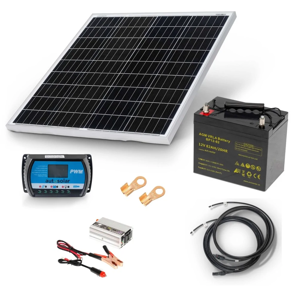 Kit de démarrage pour système solaire&nbsp;: système solaire de 100&nbsp;W, batterie AGM de 82&nbsp;Ah et onduleur de 500&nbsp;W