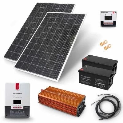 Komplettpaket 2 x 335W mit Batterie 2 x 220Ah und 2000W-Wechselrichter Gartenhaus