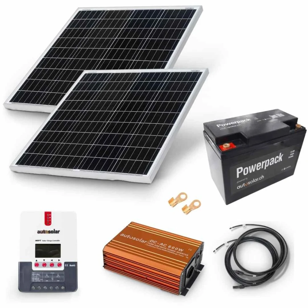 Solaranalage 200W mit Lithiumbatterie, Wechselrichter & Laderegler