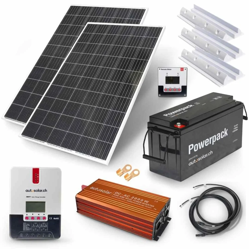 Komplettpaket 670W Solaranlage, Lithiumbatterie 100Ah 24V und 2000W-Wechselrichter