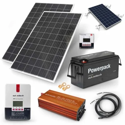 Komplettpaket 670W Solaranlage mit Lithiumbatterie 200Ah und 2000W-Wechselrichter für Gartenhaus oder Maiensäss