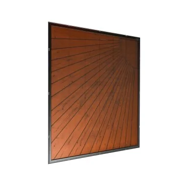 Panneau solaire AutoSolar 200 watts aspect bois avec motif soleil (en haut à droite)