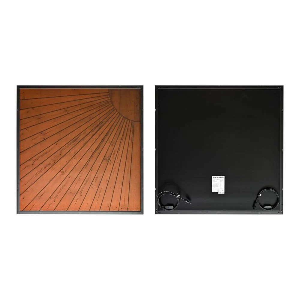 AutoSolar 200 Watt solar panel in wood pattern with sun motif (top right)