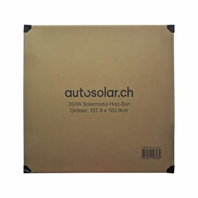 AutoSolar 200 Watt Solarpanel in Holzoptik mit Sonnenmotiv (oben rechts)