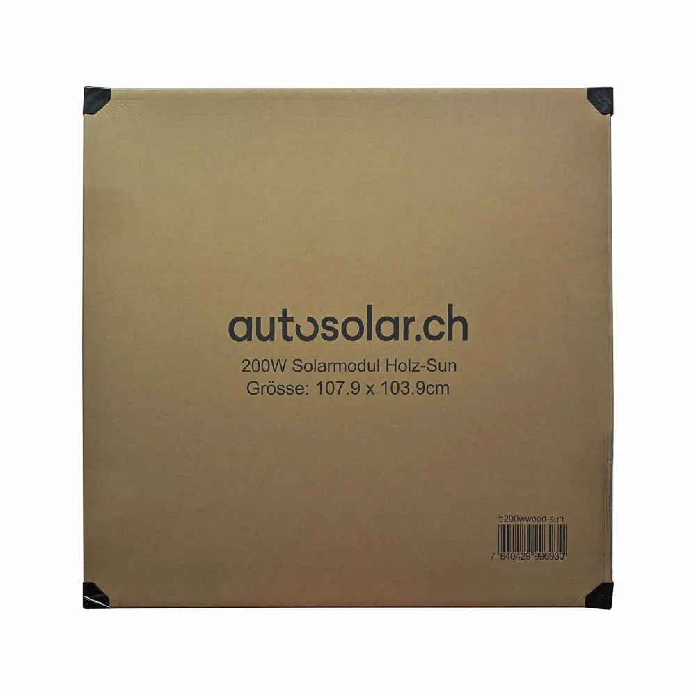 Panneau solaire AutoSolar 200 watts aspect bois avec motif soleil (en haut à droite)