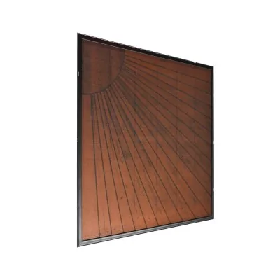 Panneau solaire AutoSolar 200 watts aspect bois avec motif soleil (en haut à gauche)