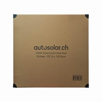 AutoSolar 200 Watt Solarpanel in Holzoptik mit Sonnenmotiv (oben links)