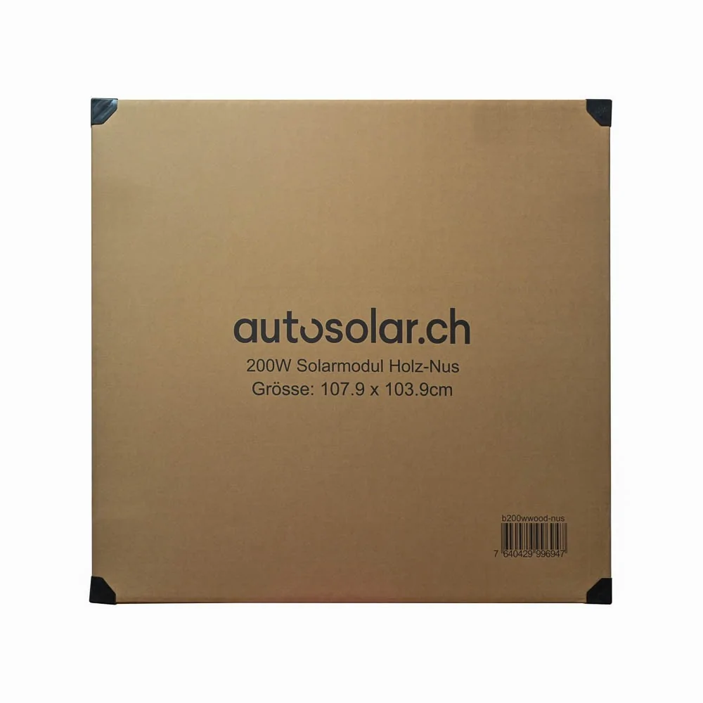 AutoSolar 200 Watt Solarpanel in Holzoptik mit Sonnenmotiv (oben links) AutoSolar 200 Watt Solarpanel in Holzoptik mit Sonnenmotiv (oben links)