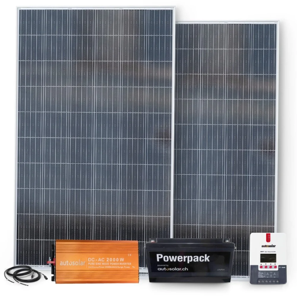 Komplettpaket 670W Solaranlage mit Lithiumbatterie 200Ah und 2000W-Wechselrichter für Gartenhaus oder Maiensäss