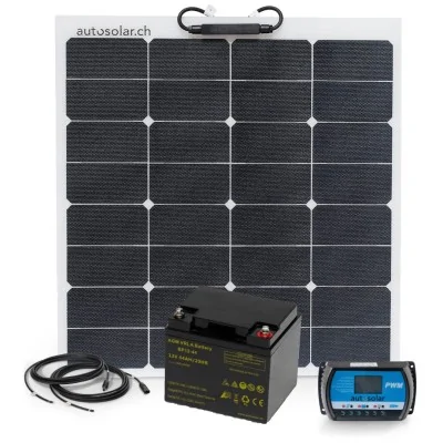Kit solaire flexible de 50 W avec contrôleur de charge PWM de 10 A et batterie AGM de 44 Ah