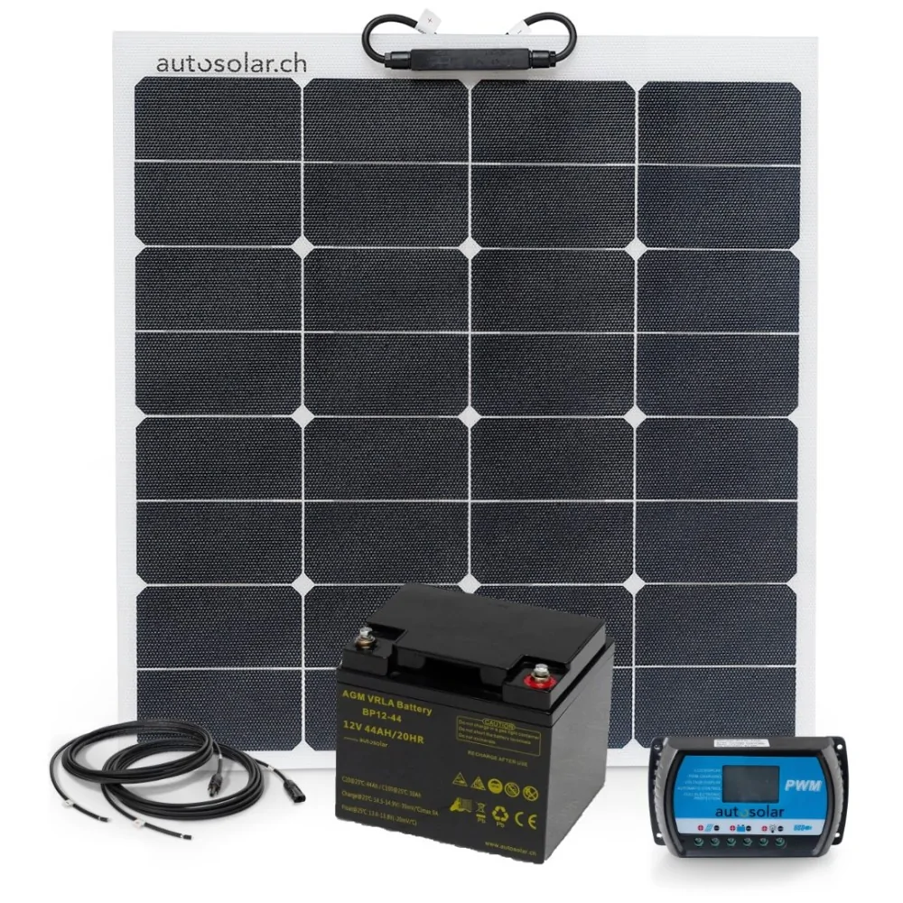 50W flexible solar kit with 10A PWM charge controller and 44Ah AGM battery