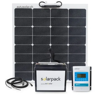 Kit solaire flexible de 50 W avec contrôleur de charge MPPT 10 A et batterie au lithium de 20 Ah
