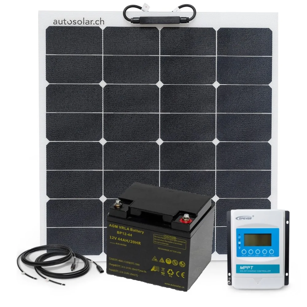 50W flexible solar kit with 10A MPPT charge controller and 44Ah AGM battery