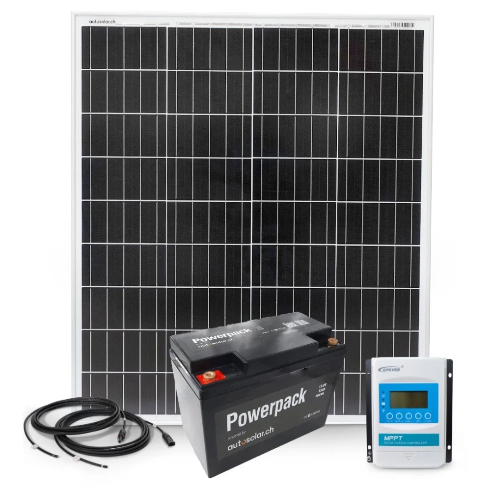 100W solar kit with 10A MPPT charge controller and 55Ah lithium battery