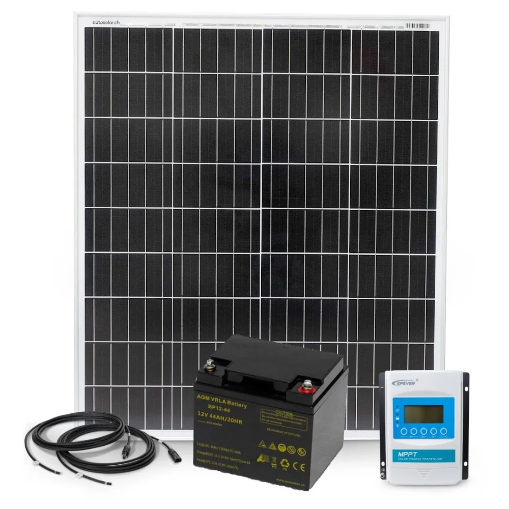 100W solar kit with 10A MPPT charge controller and 44Ah AGM battery