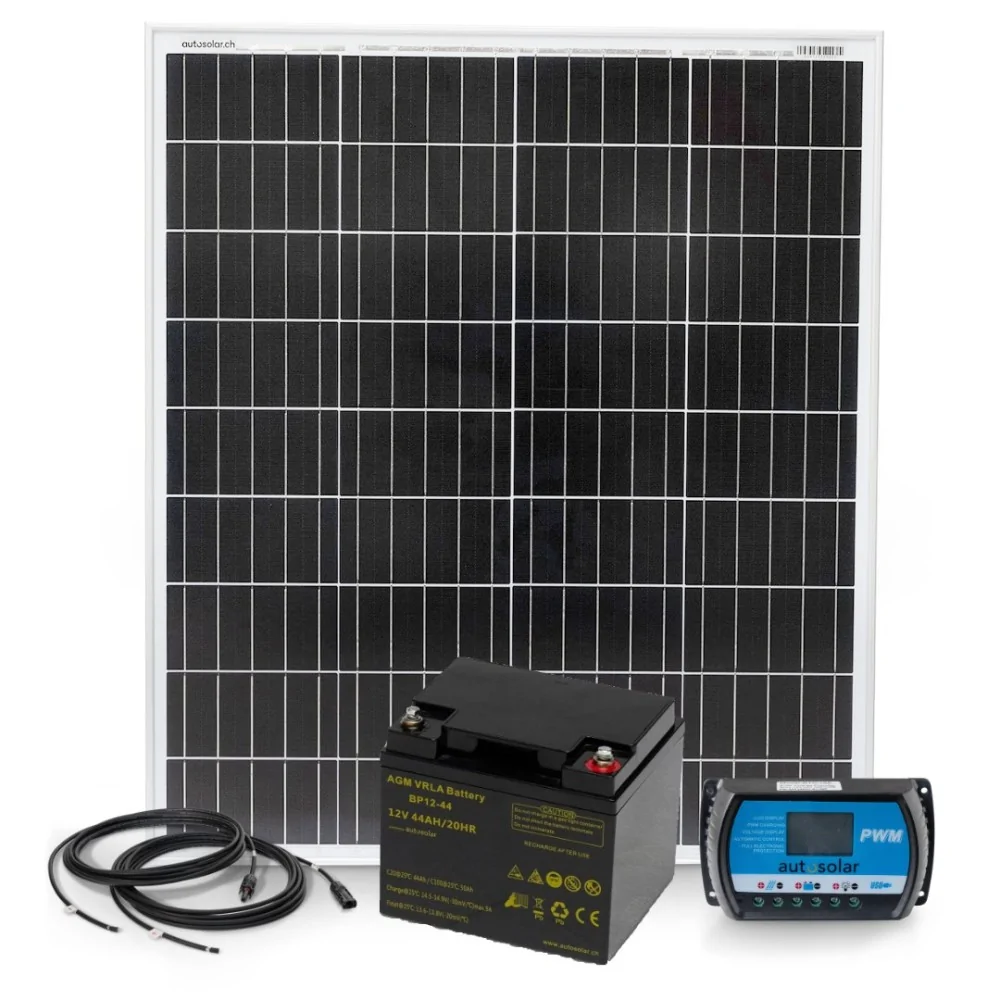 Kit solaire 100 W avec régulateur de charge PWM 10 A et batterie AGM 44 Ah
