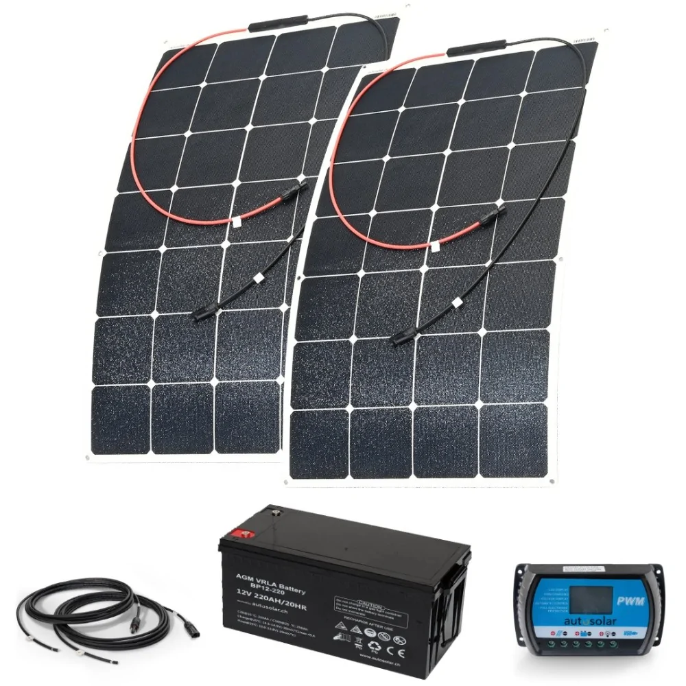 Solaranlage 210W flexibel, 20A PWM Laderegler und 220Ah AGM-Batterie