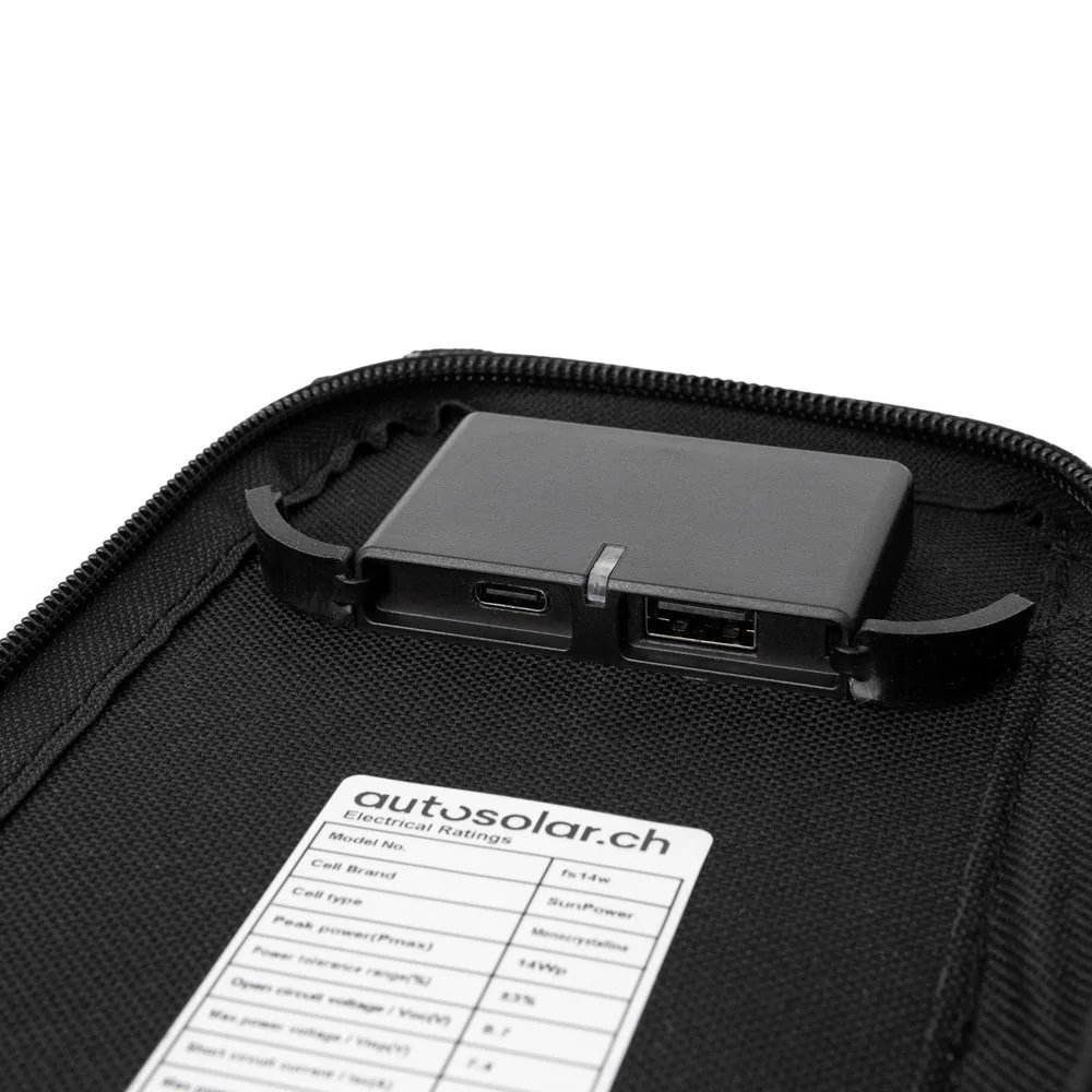 Foldable, efficient 12W solar panel with USB ports