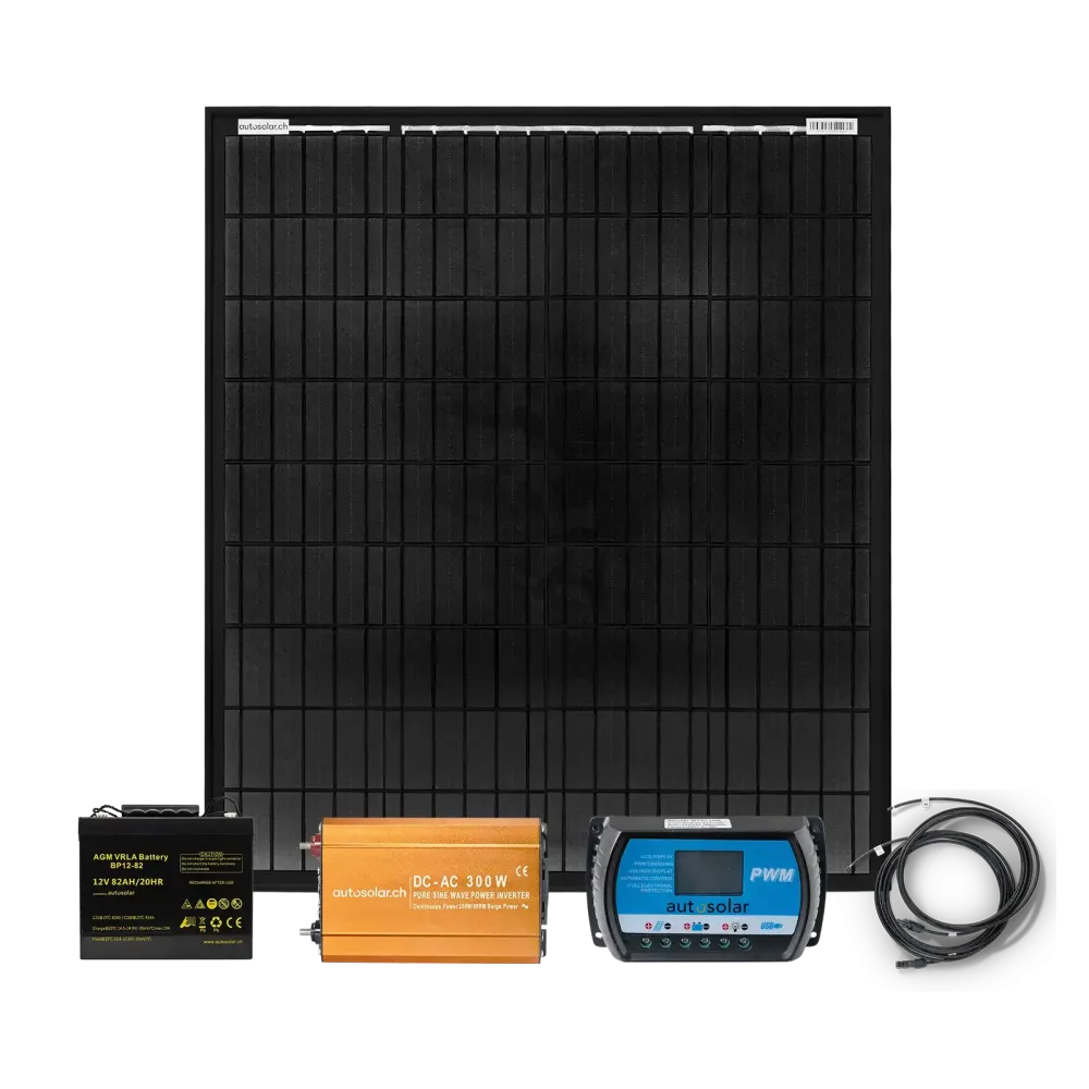 Solaranlage 100W Solaranlage, 82Ah AGM-Batterie & 300W-Wechselrichter
