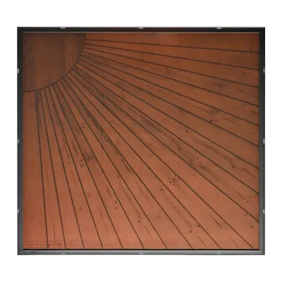 Panneau solaire AutoSolar 200 watts aspect bois avec motif soleil (en haut à gauche)