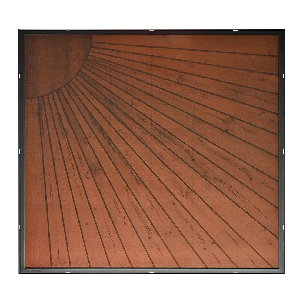 Panneau solaire AutoSolar 200 watts aspect bois avec motif soleil (en haut à gauche)