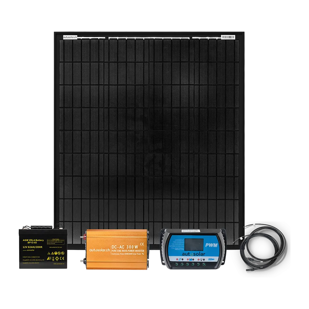 Système solaire de 100 W, batterie AGM de 82 Ah et onduleur de 300 W