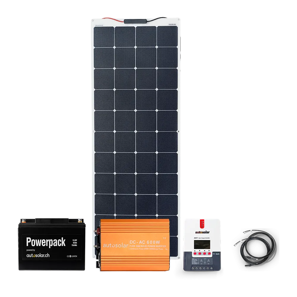 Kit solaire flexible de 160 W avec batterie au lithium de 55 Ah et onduleur de 600 W