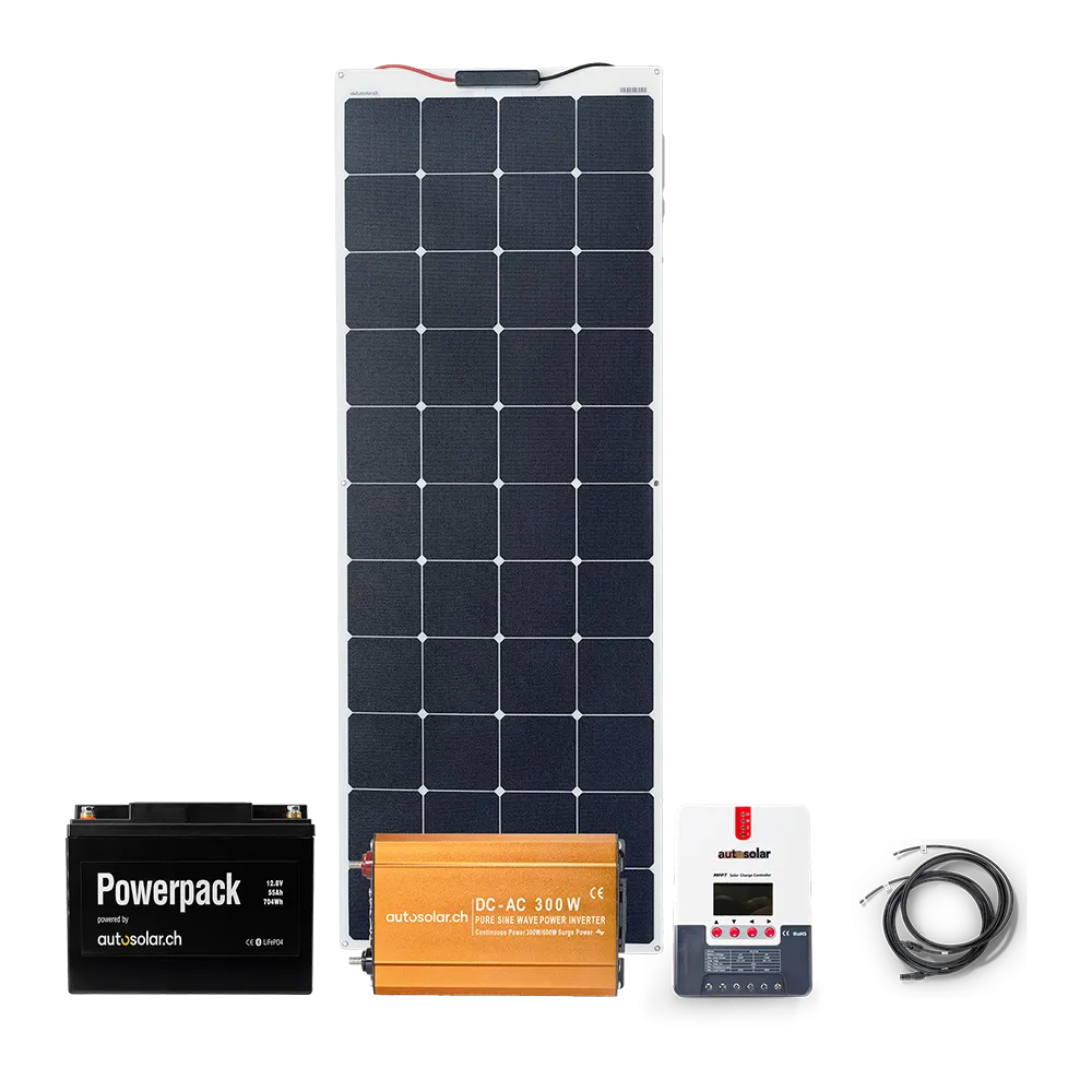 Solarset 165W Flex mit MPPT Laderegler, Wechselrichter und Lithium 55Ah Solarset 165W Flex mit MPPT Laderegler, Wechselrichter und Lithium 55Ah