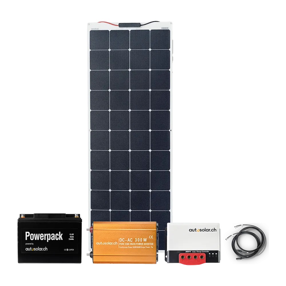 Solar set 165W Flex with MPPT charge controller, inverter and lithium 55Ah Solar set 165W Flex with MPPT charge controller, inverter and lithium 55Ah