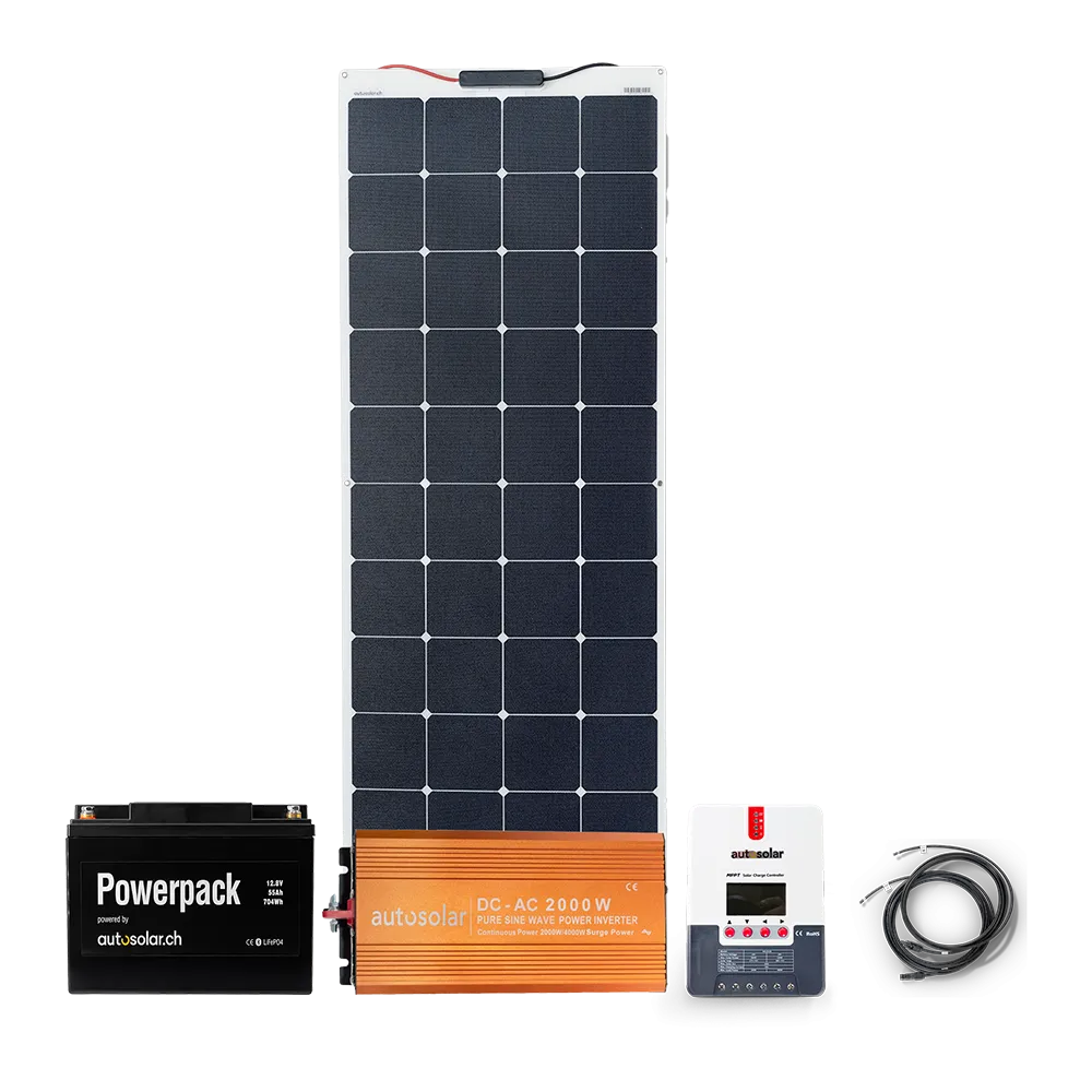 Solaranlage160W flexibel, Lithiumbatterie 55Ah & 2000W-Wechselrichter Solaranlage160W flexibel, Lithiumbatterie 55Ah & 2000W-Wechselrichter