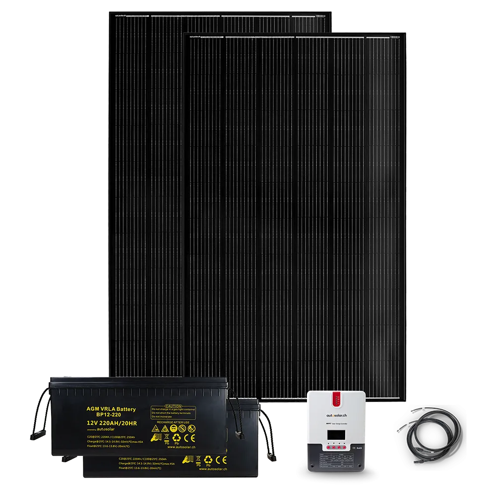 Kit solaire de 670 W avec régulateur de charge MPPT 60 A et 2 batteries AGM de 220 Ah