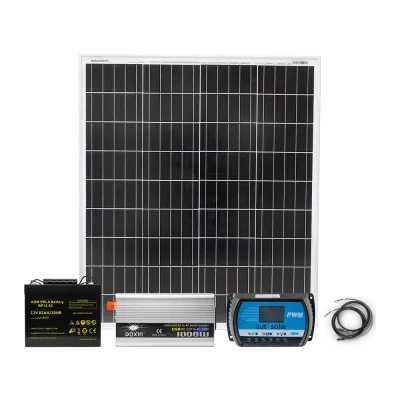 Système solaire : 100 W avec batterie AGM 82 Ah et onduleur 1000 W