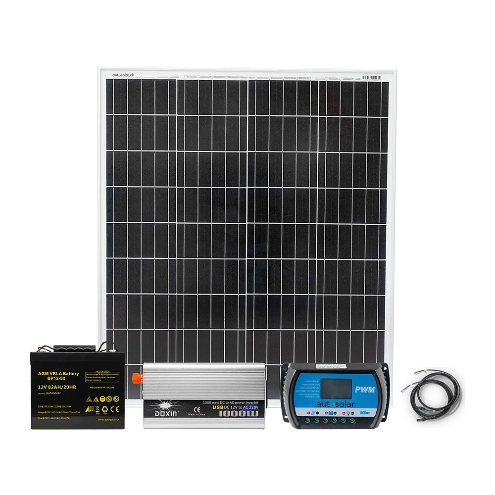 Komplettpaket: 100W mit 82Ah AGM-Batterie und 1000W-Wechselrichter Komplettpaket: 100W mit 82Ah AGM-Batterie und 1000W-Wechselrichter