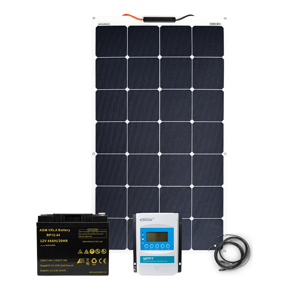 Solarset 100W flexibel mit 10A MPPT Laderegler und 44Ah AGM-Batterie