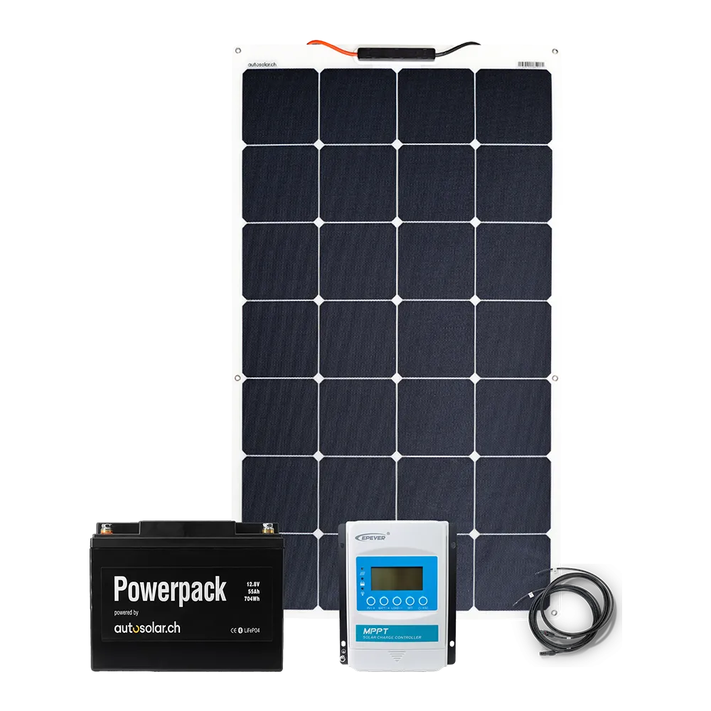 100W flexible solar kit with 10A MPPT charge controller and 55Ah lithium battery