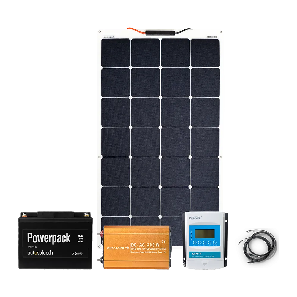 100W Solaranlage flexible mit Batterie, Laderegler & Wechselrichter 100W Solaranlage flexible mit Batterie, Laderegler & Wechselrichter