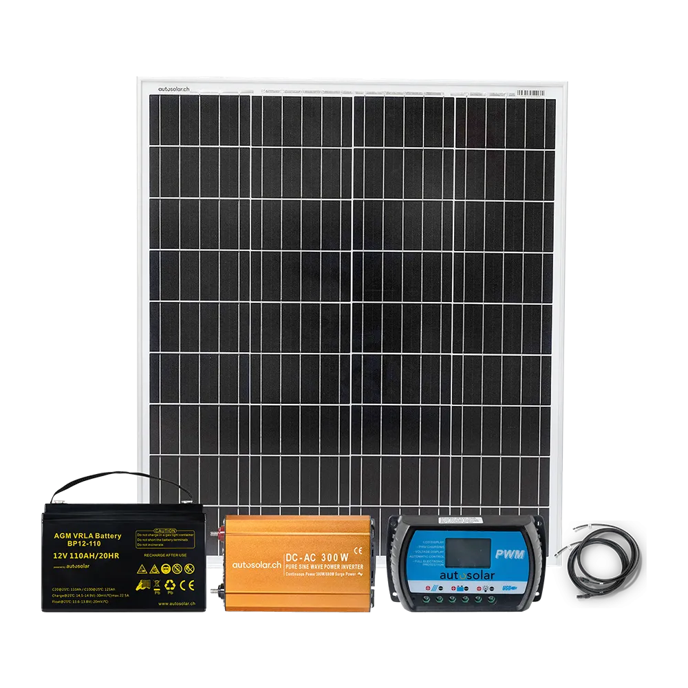 Système solaire de 100 W, batterie AGM de 110 Ah et onduleur de 300 W