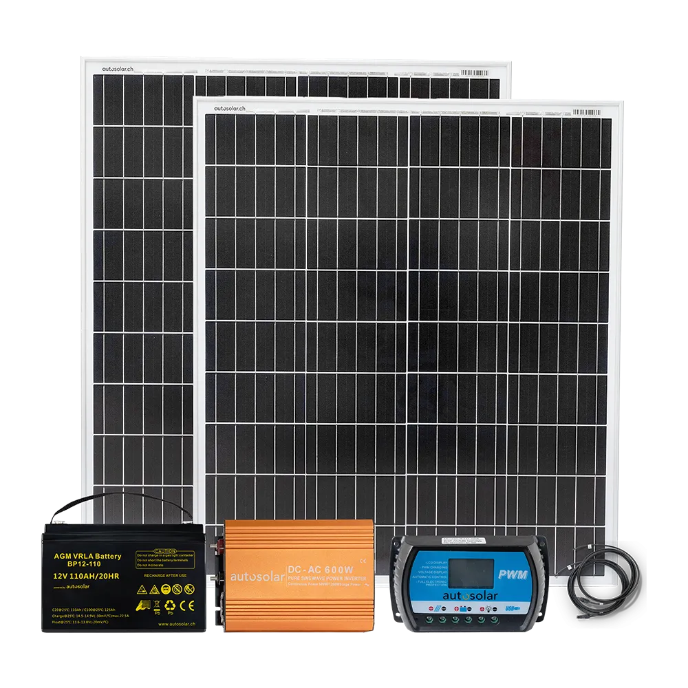 Solaranlage 200W mit 110Ah AGM-Batterie, 600W-Wechselrichter und Kabel Solaranlage 200W mit 110Ah AGM-Batterie, 600W-Wechselrichter und Kabel