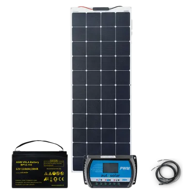 Kit de système solaire flexible de 160 W avec contrôleur de charge PWM de 20 A et batterie AGM de 110 Ah