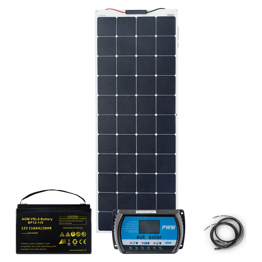 Solarset 160W Solaranlage flexibel mit 20A PWM Laderegler und 110Ah AGM-Batterie Solarset 160W Solaranlage flexibel mit 20A PWM Laderegler und 110Ah AGM-Batterie